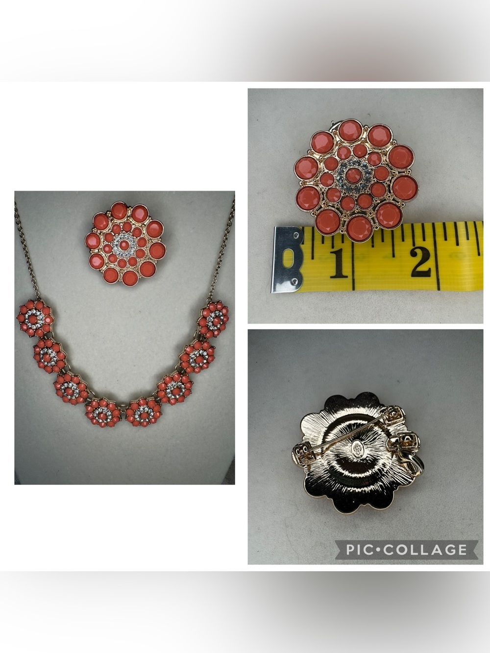 New Premier  Designs jewelry Coral Flower Cluster Necklace and Brooch Set